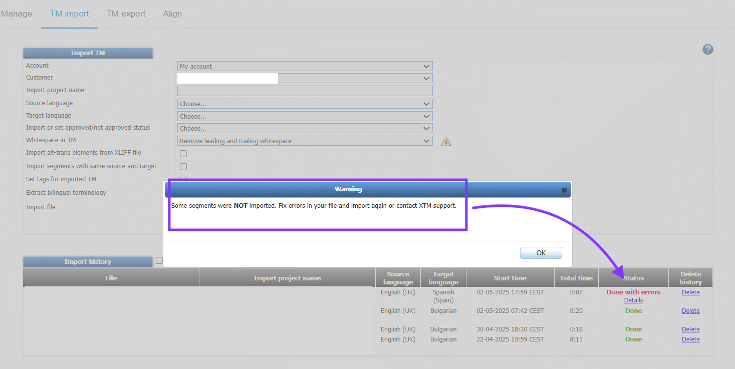 XTM TM Manager shows little details about the imports with errors.